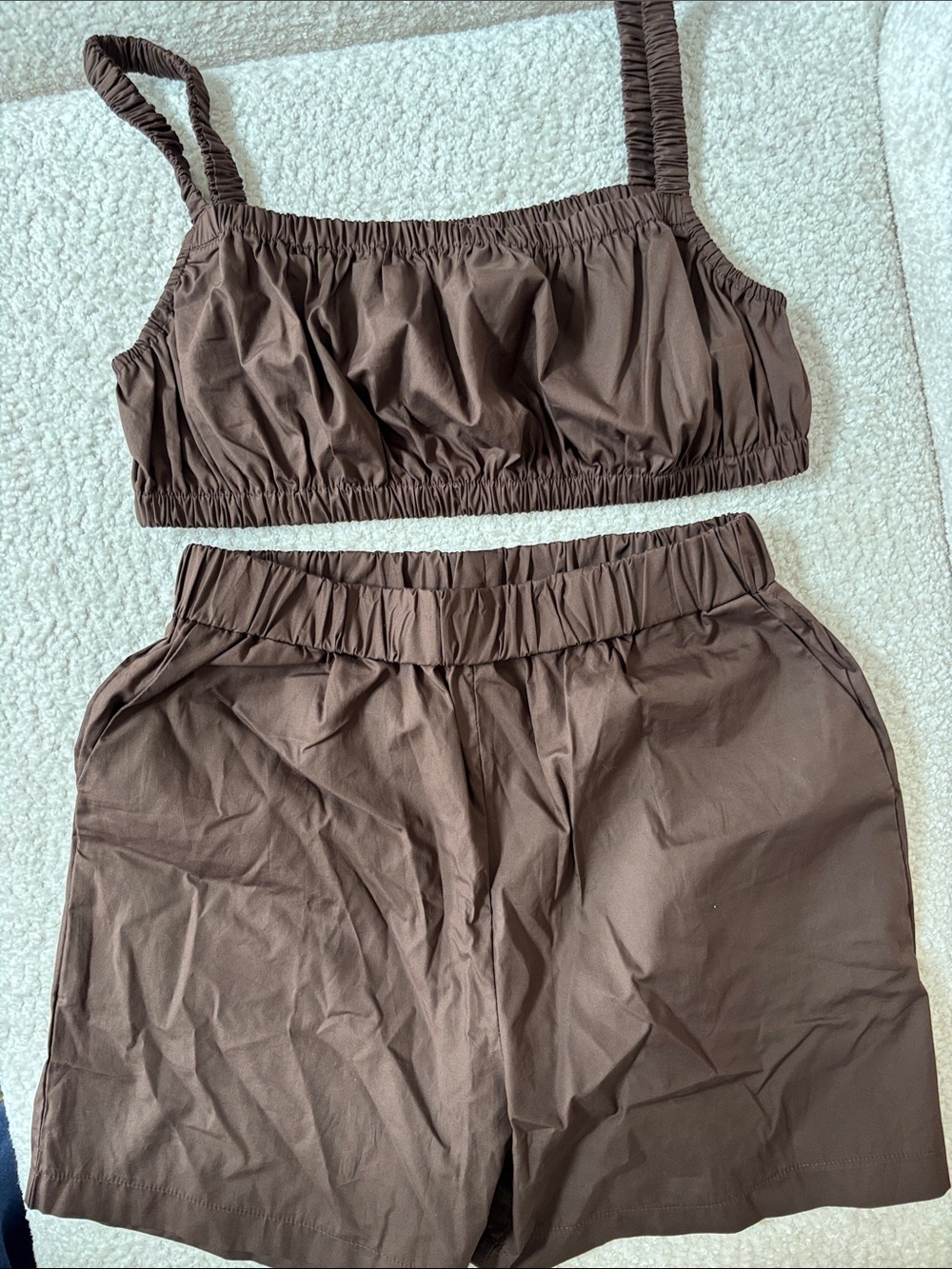 SHEIN Brown Two-Piece Lounge Set - Elastic Crop Top & Shorts